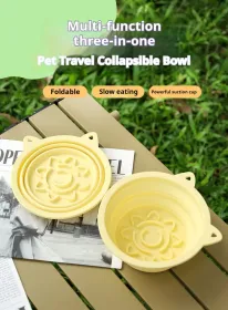 3-in-1 Pet Travel Collapsible Bowl Foldable Slow-Feeder With Strong Suction Cups  Portable Silicone Dog Bowl With Hook For Hanging On Collar/Back (Option: Yellow-450ml)